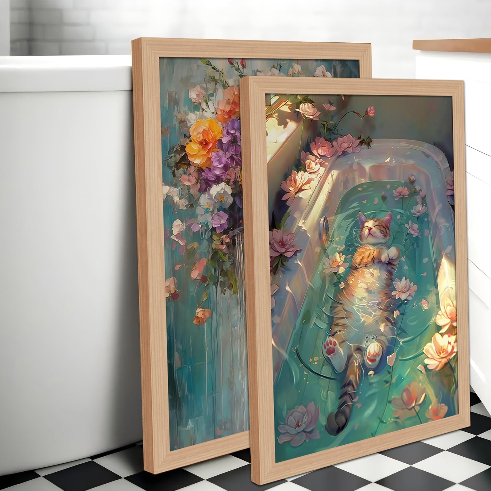 2pcs Framed Wall Art Vintage plant Floral Waterfall Shower Relaxing Cat in Ba…