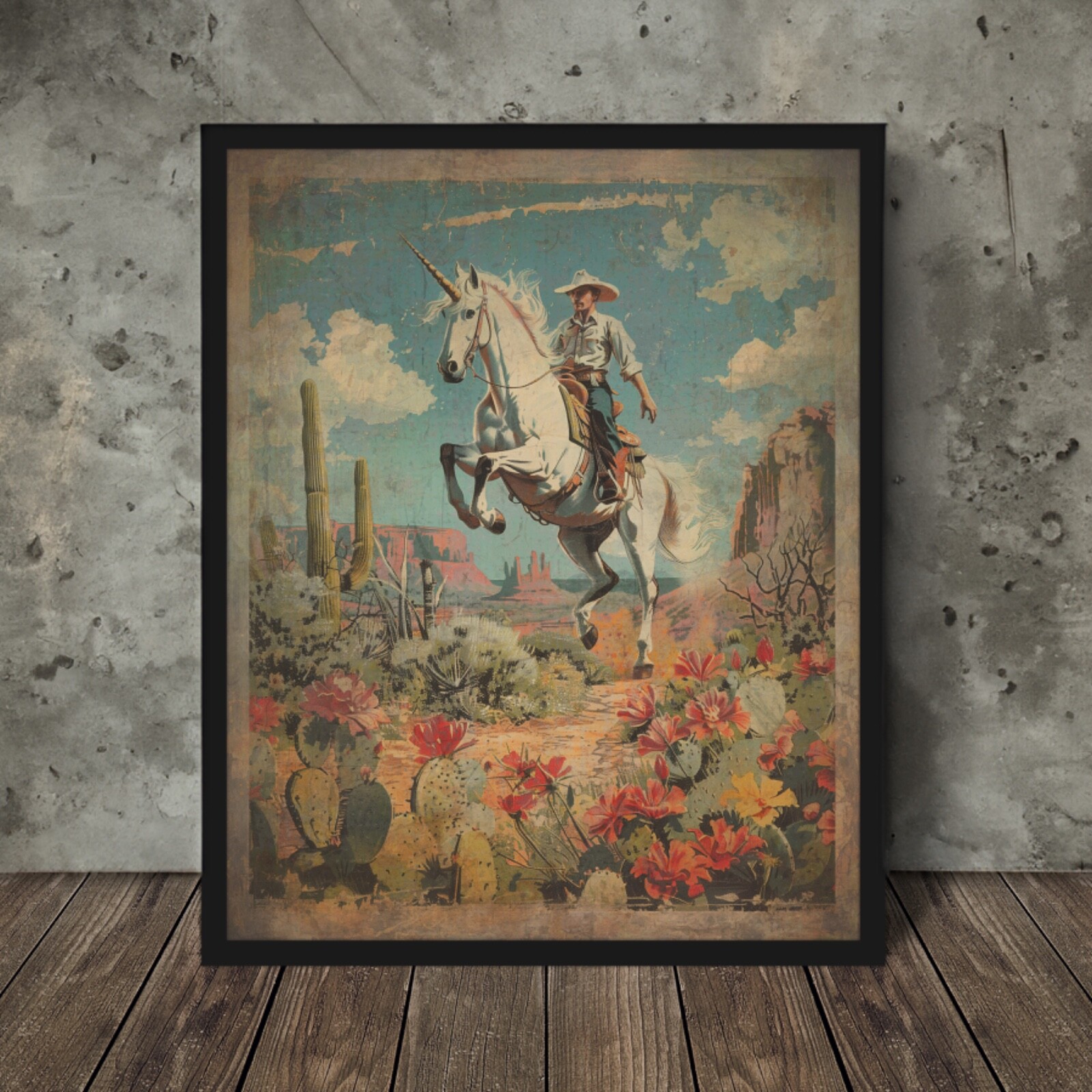 UNICORN COWBOY Wall Art, Western Fantasy Cactus Flower Horse Botanical Poster