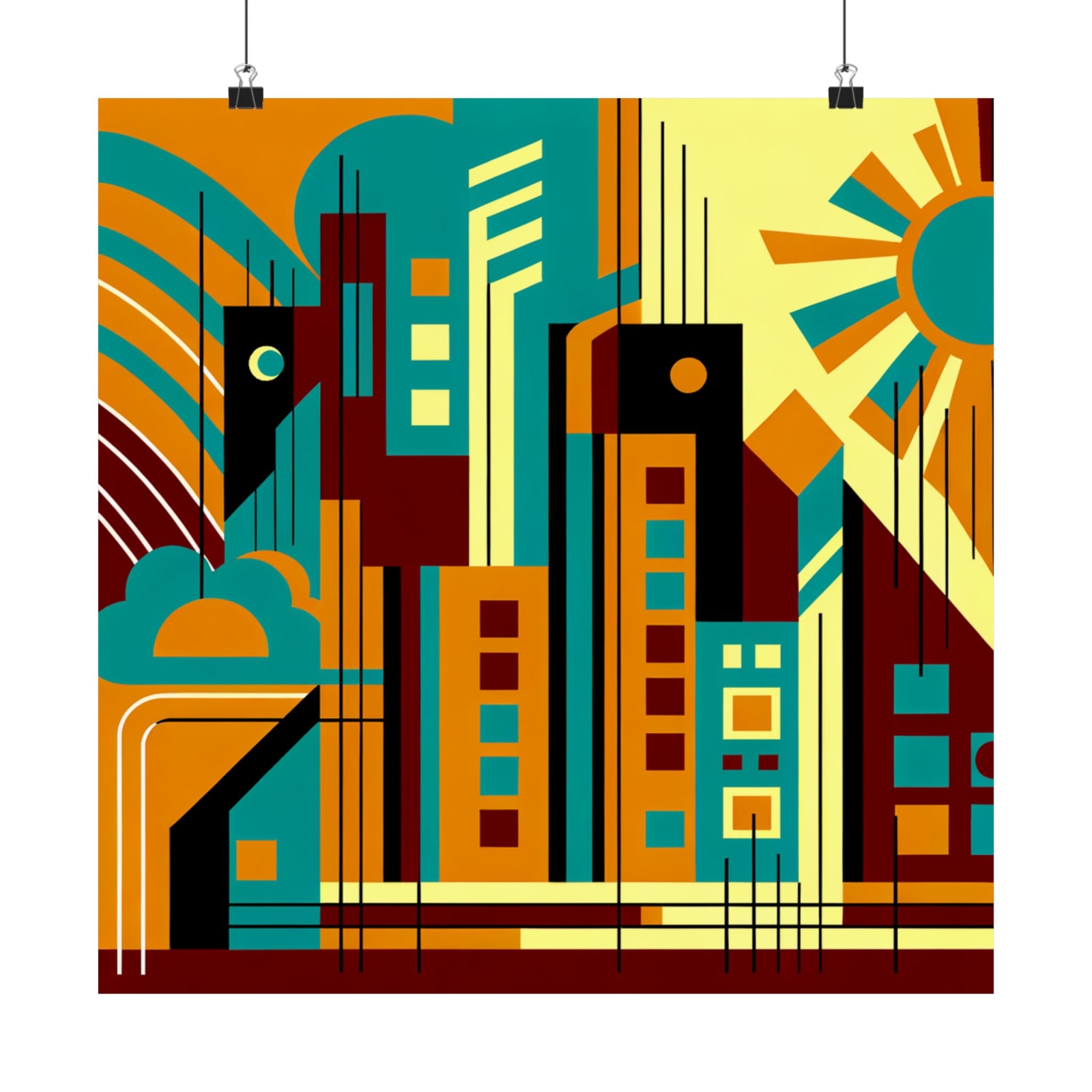 Matte Square Poster Wall Art Mid Century Modern Abstract Cityscape Energy Funky