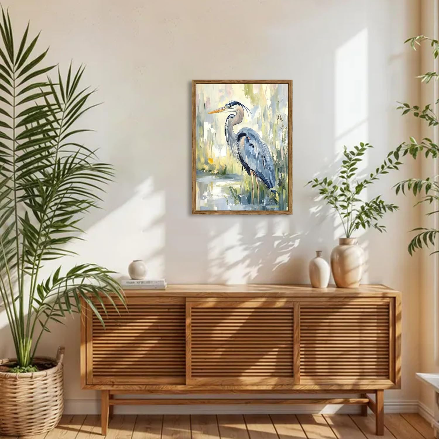 Framed Blue Heron Wall Art, Watercolor Sea Bird Pictures Wall Decor, Coastal Nat