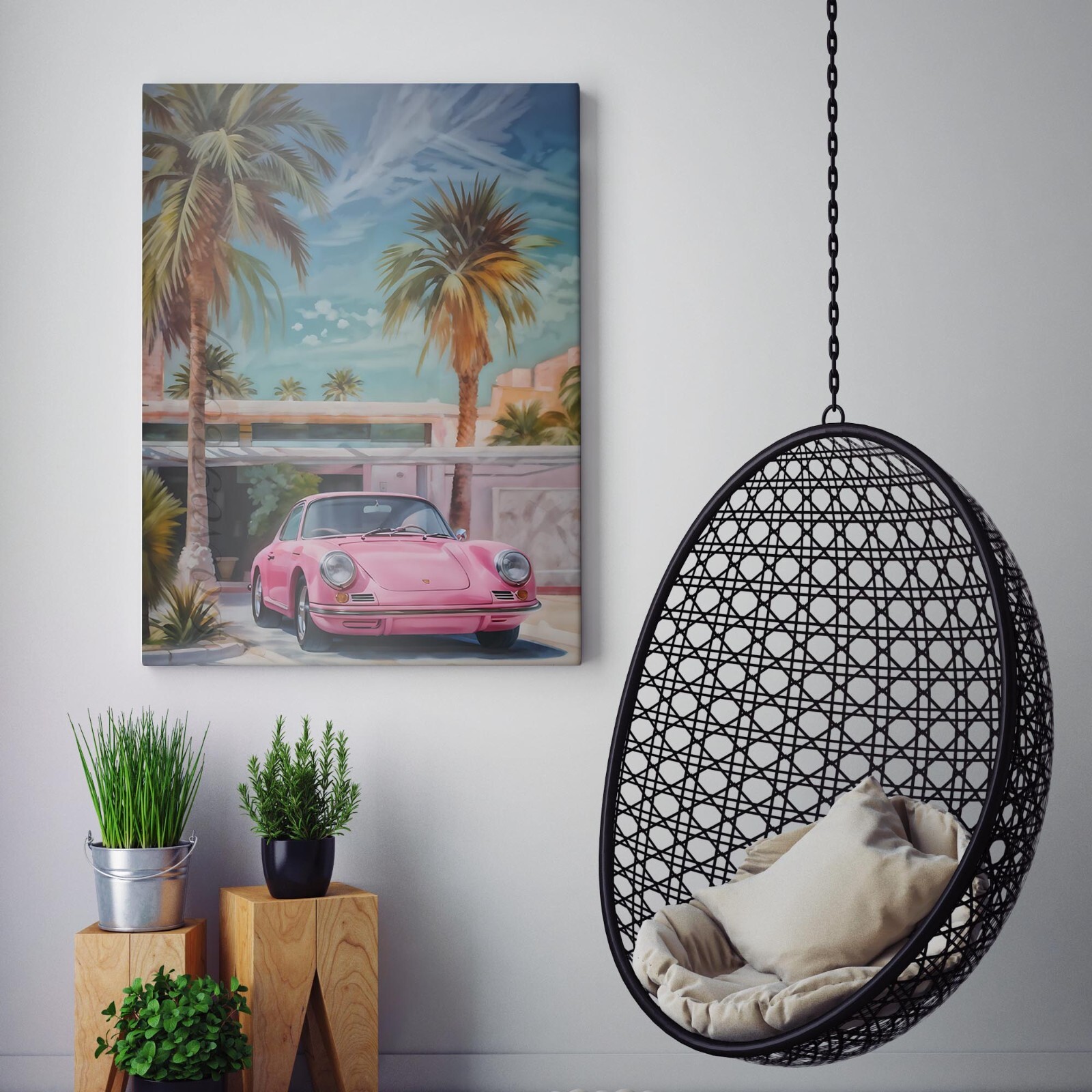 Retro Pink Porsche 911 With Palm Trees Vintage Sports Cars Canvas Print Wall Art