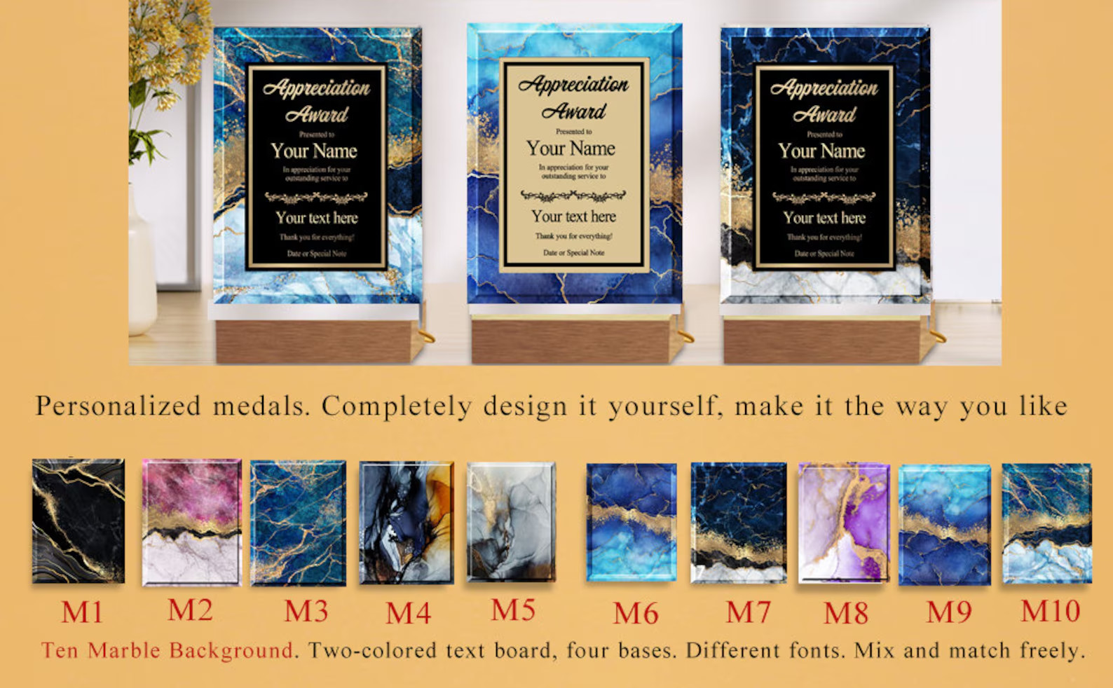 Custom Acrylic Award Trophy – Personalized Plaque with Text & Marble Design