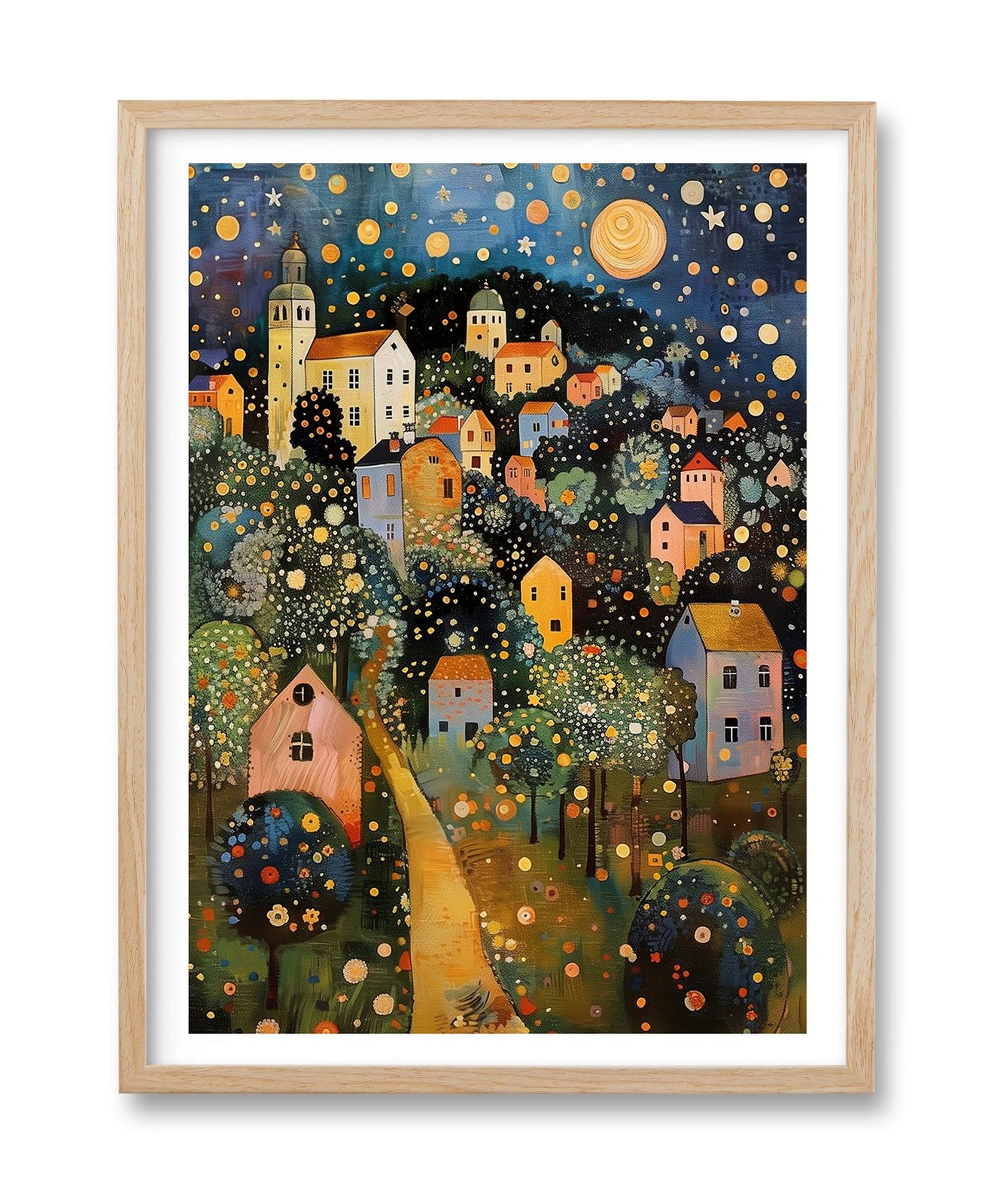 Natural OAK Wood Frame Wall Art,12x16in Gustav Klimt Style Moon Stars Tree Ca…