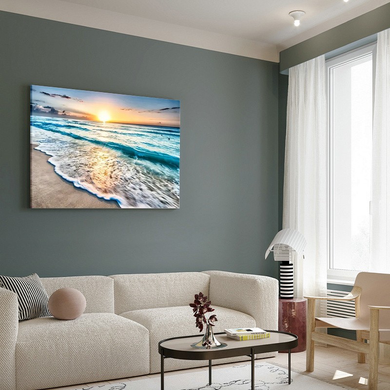 Sunset Ocean Beach Wave Scenery Canvas Art, Tropical Coastal Living Room Decor