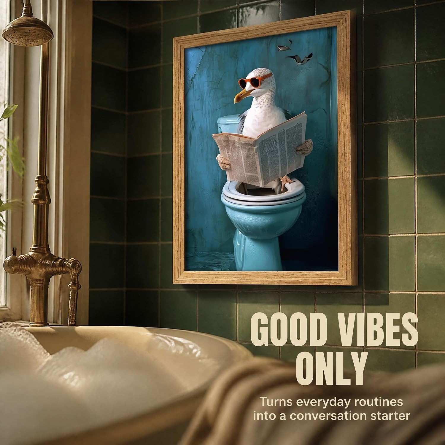 Unique Framed Bathroom Wall Art – Fun Seagull Reading Newspaper, 10×8