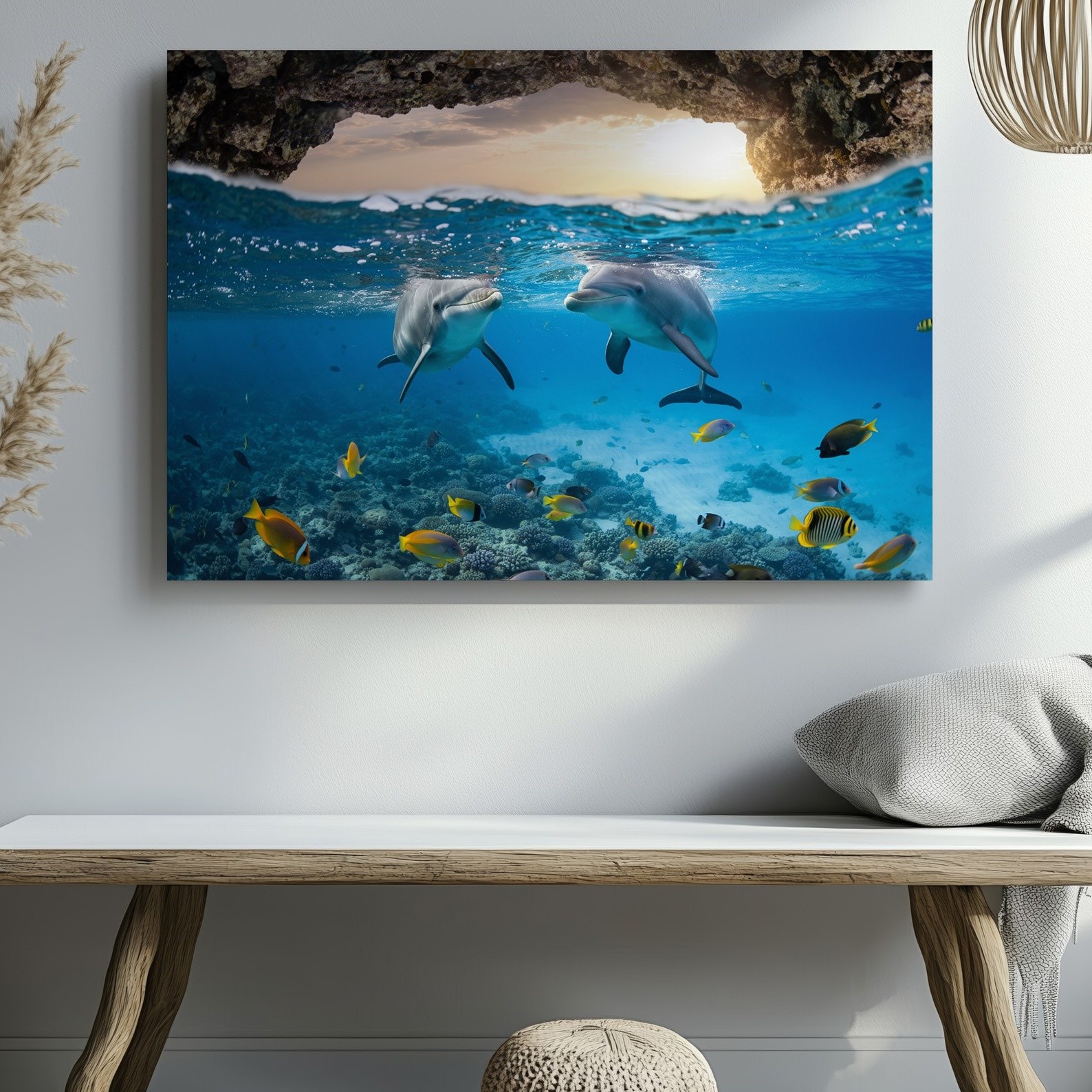Vibrant Underwater Scene Featuring Two Playful Dolphins Wall Art Canvas Print