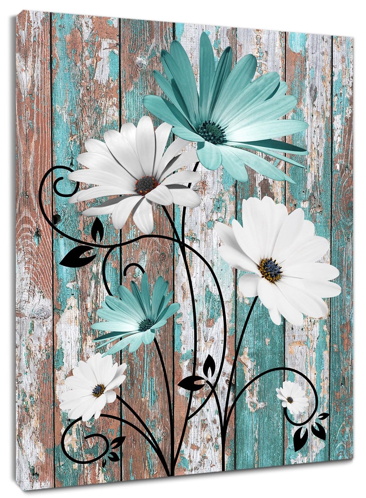 Teal and White Floral Wall Art- Farmhouse Daisy Flower Bathroom Wall Decor- R…