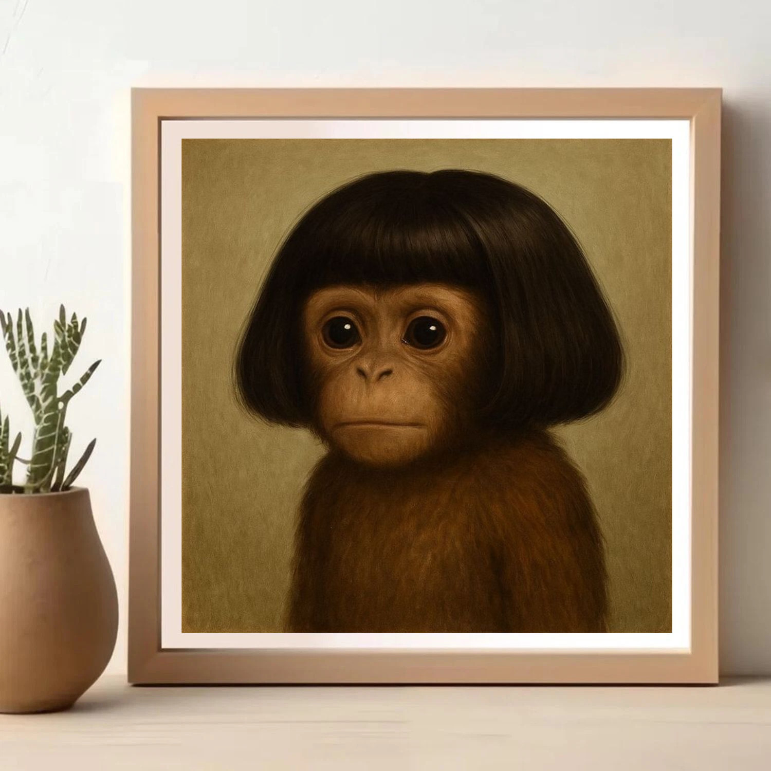 Funny Chimp with Bob Haircut Poster Cute Monkey Wall Art Surreal Kitsch Decor