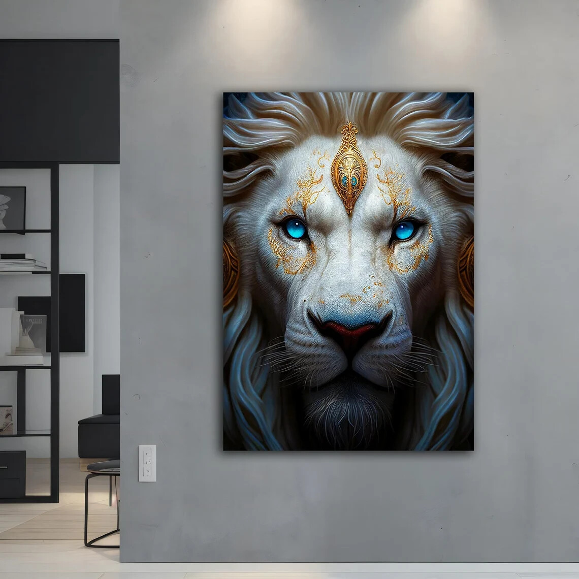 White Lion with Blue Eyes Golden Print Wall Art Canvas Unframed Print Art
