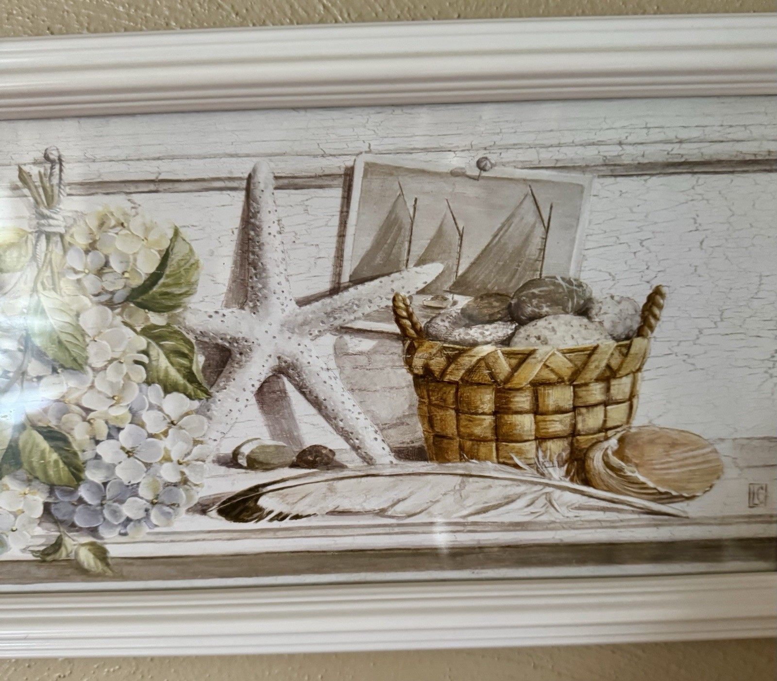 White Framed Coastal Print 19.5”x8.5” Boat-Starfish-Hydrangeas MSRP $39.99 NEW