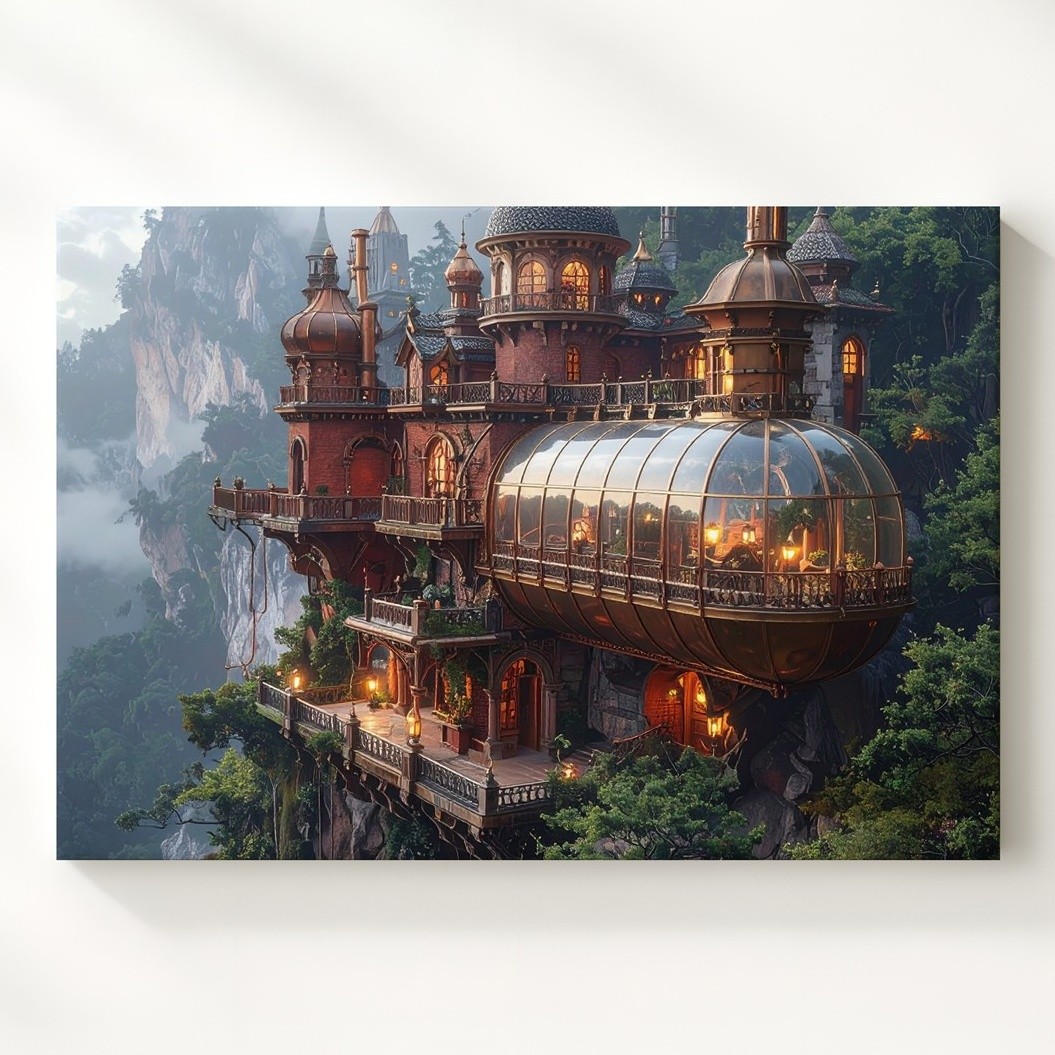 Steampunk Cliffside Castle Canvas Fantasy Architecture With Brass & Forest Glow
