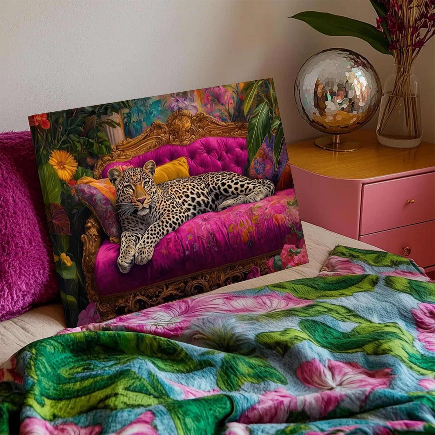 Cheetah Lying On Pink Sofa Canvas Wall Art Eclectic Leopard Wall Decor Pictur