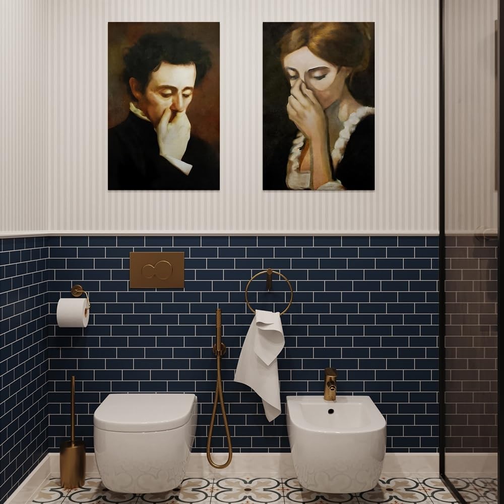 Framed Funny Bathroom Canvas Wall Art Set of 2 Vintage Bathroom Paintings Wal…