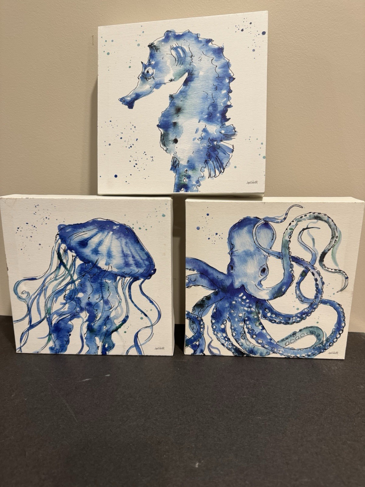 Coastal Ocean Wall Art Set of 3 Blue Seahorse Octopus Jellyfish 8×8 Canvas Decor