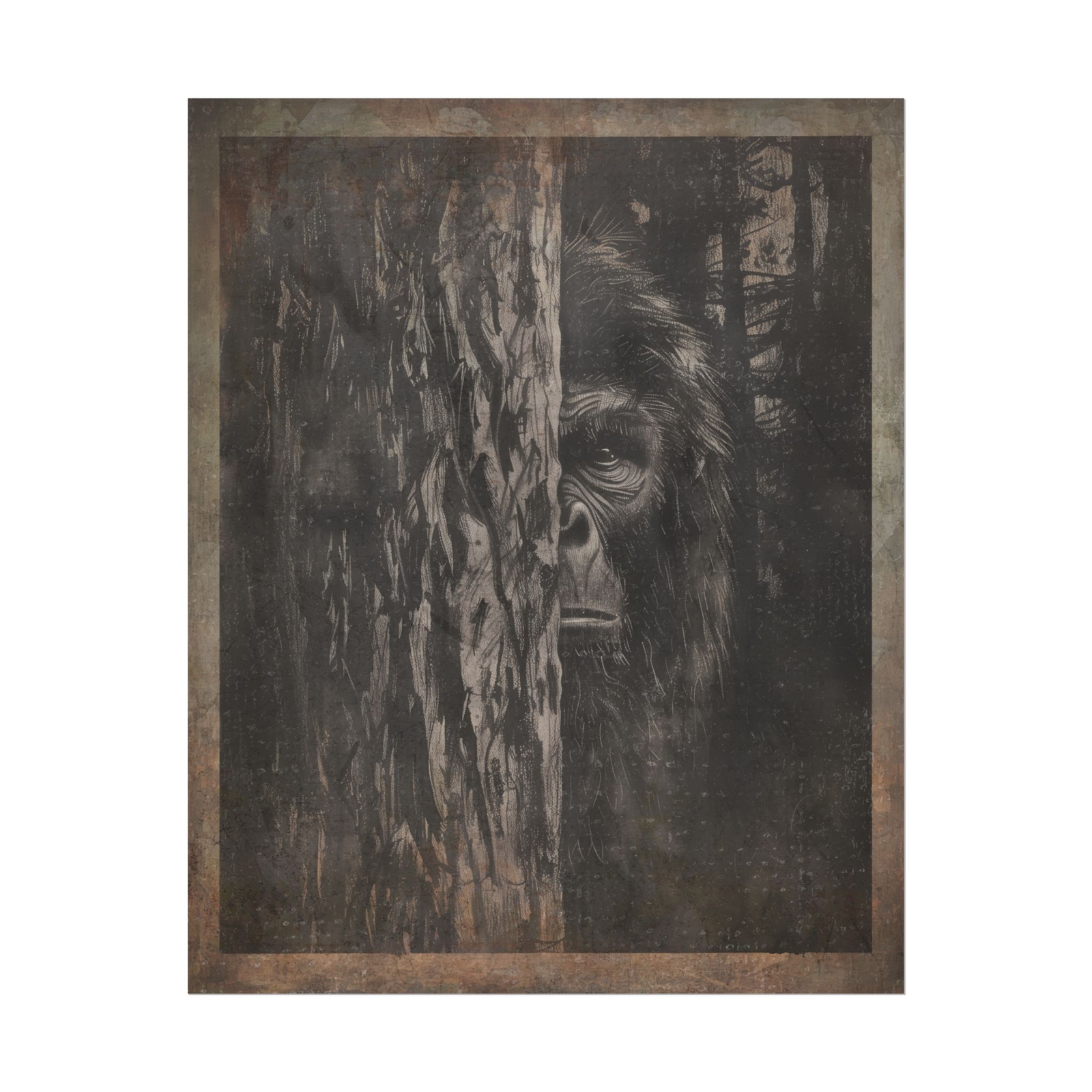Vintage SASQUATCH TREE Wall Art, Bigfoot Forest Nature Poster, Cryptid Ape Decor