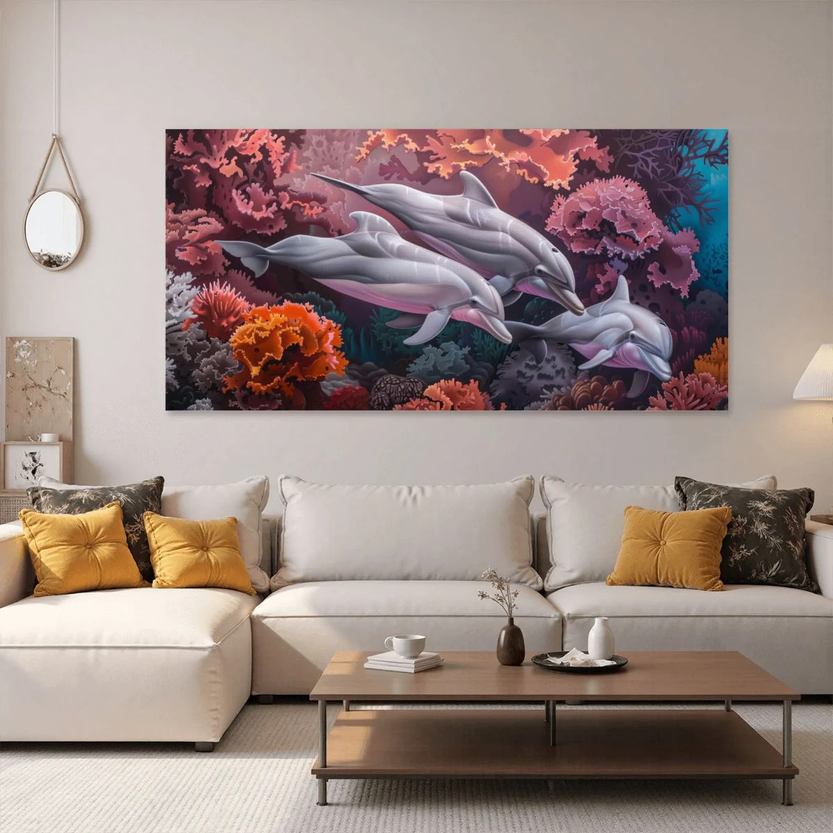 Xtra Large New Canvas Wall Art, Dolphins and Coral Reef (USA)
