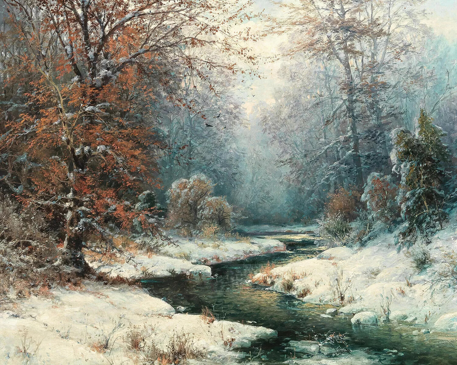 Vintage Winter River Landscape Canvas Wall Art in Oil Painting Style