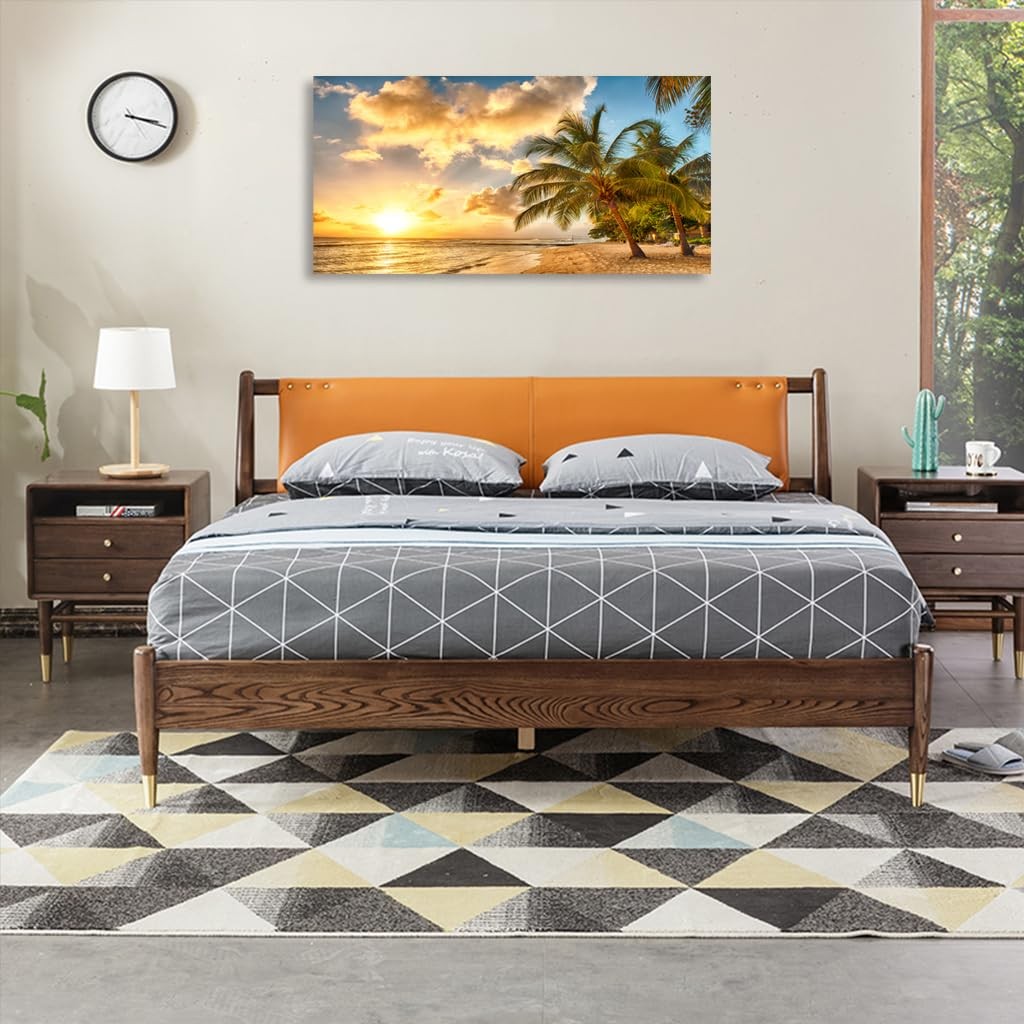 Wall Art Canvas Painting Golden Ocean Beach Palm Tree 1 Piece Sunset See Coco…