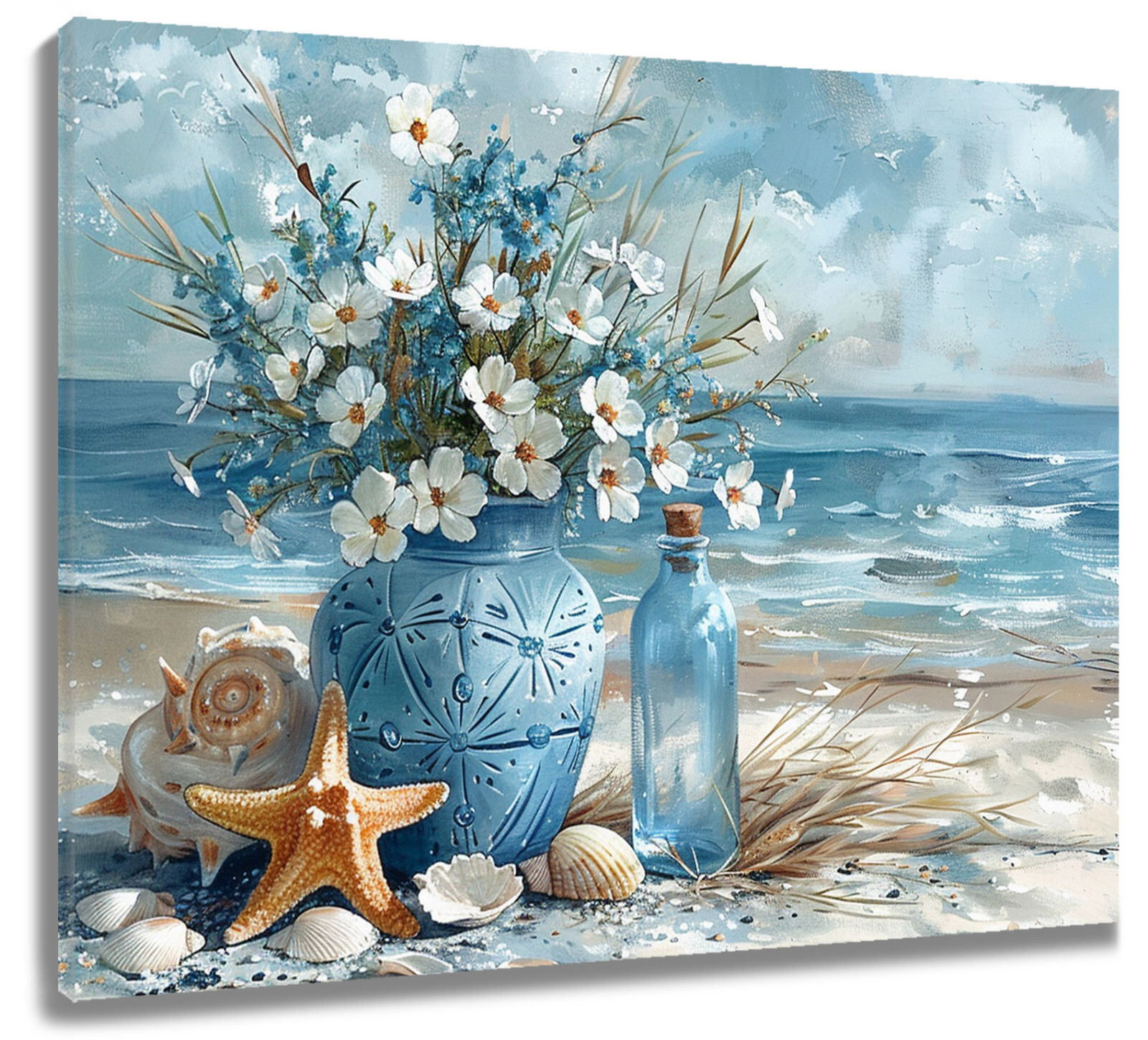 Blue Floral Coastal Beach Canvas Wall Art for Bathroom Living Room 16X12 Inch