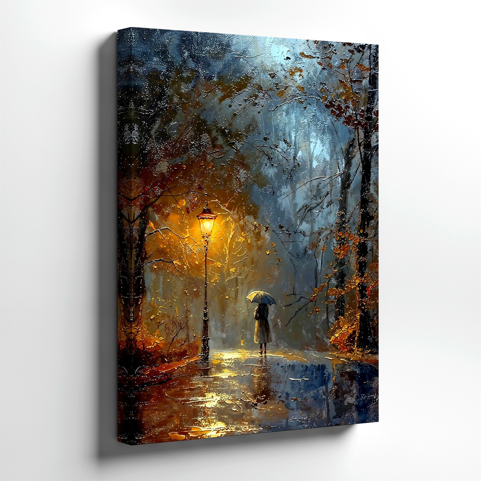 Wall Art Rainy Forest Path Woman Umbrella Street Lamp Moody Landscape Print