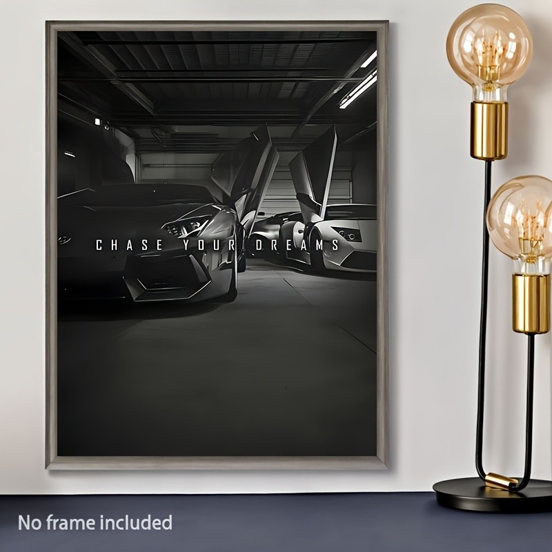 Framed Canvas Chase Your Dreams Black Luxury Sports Car Garage Wall Print