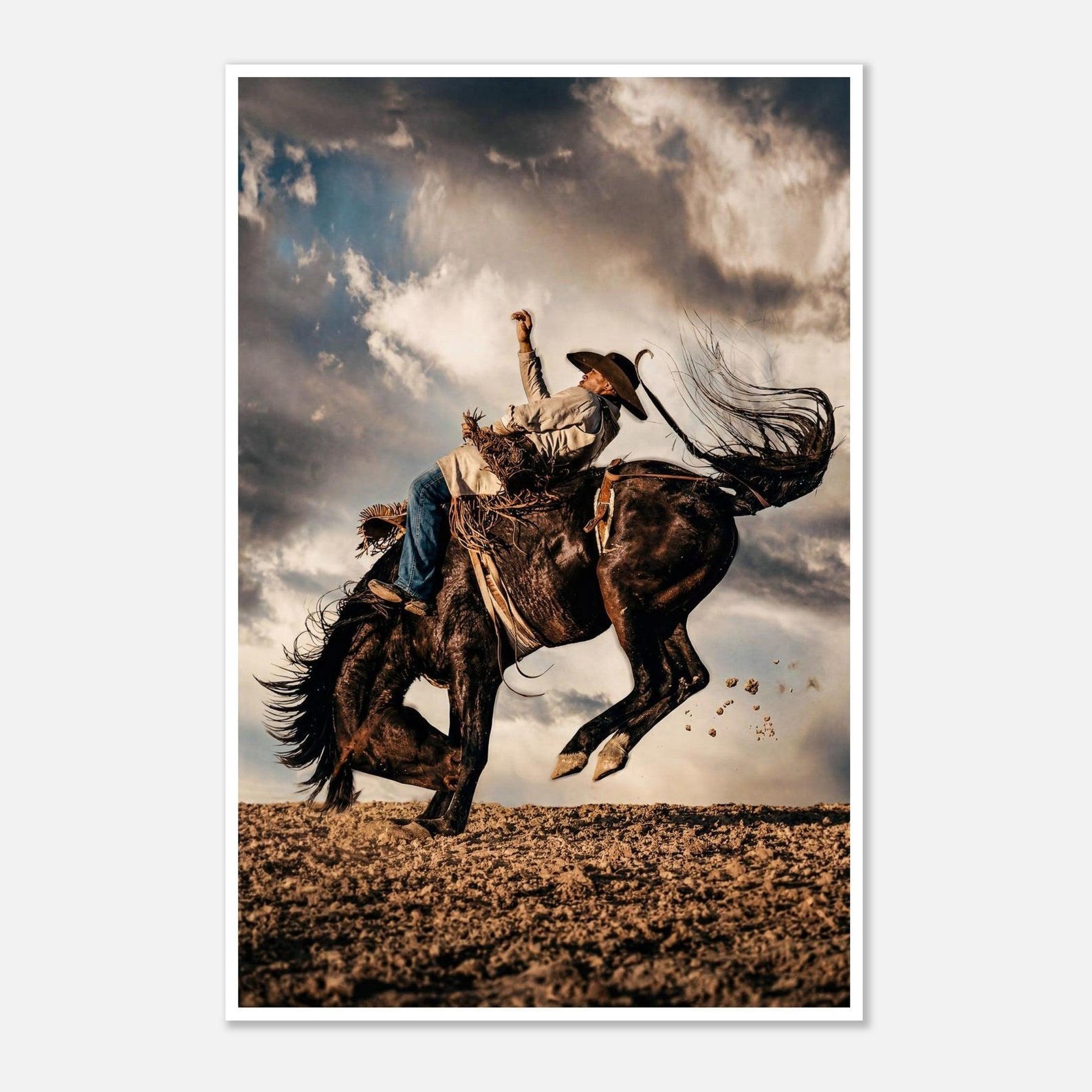 Rodeo Cowboy at Sunset Bucking Horse Western Wall Art Print Rustic – Unframed