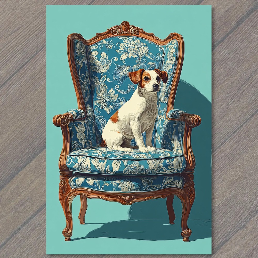 Art Print Jack Russell Terrier Floral Wingback Chair Blue Victorian Parlor