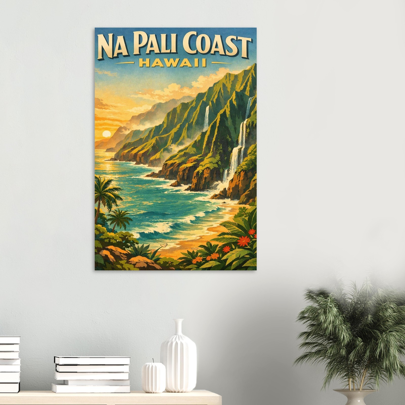 1950s Na Pali Coast Hawaii Travel Poster – Retro Tropical Cliffs Wall Art Print