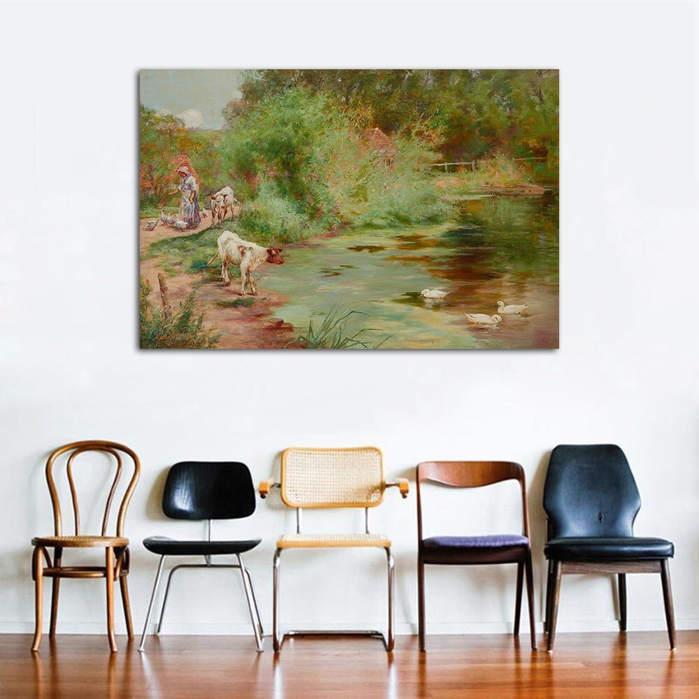 Feeding the Ducks 1 Piece Canvas Painting Classical Wall Art Print Poster Mural