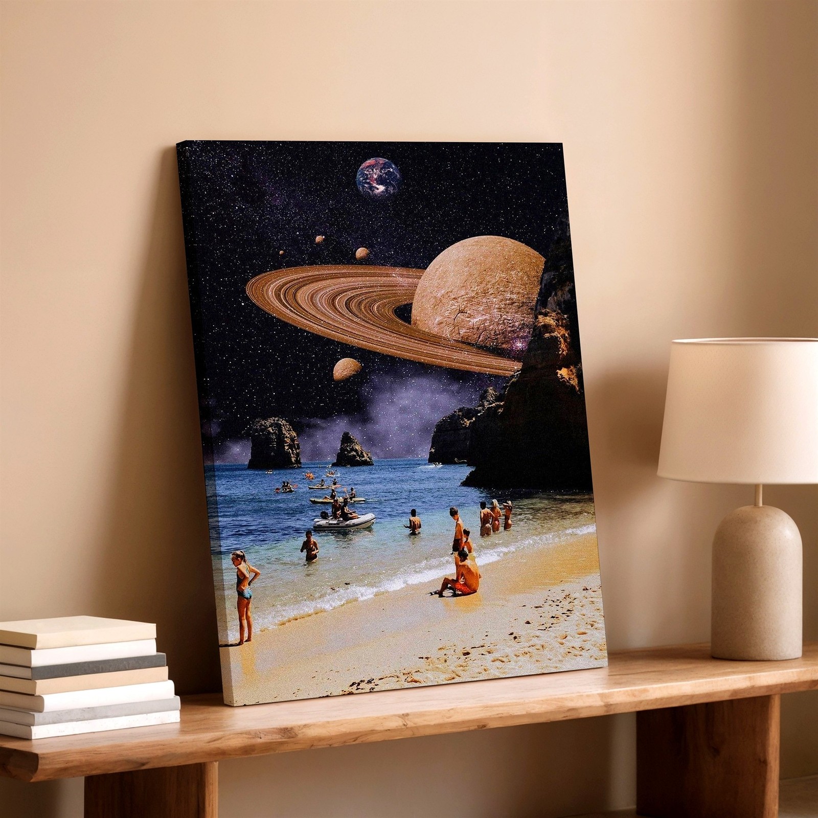 Wall Art Surreal Beach Ocean Space Planet Rings Collage Poster Print Home Decor