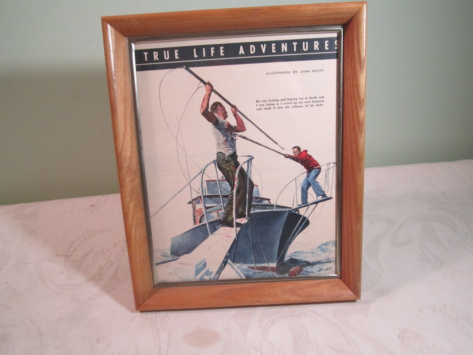 Vintage 1961 John Scott Lancing Fish Fishing Framed Color Painting Picture Print