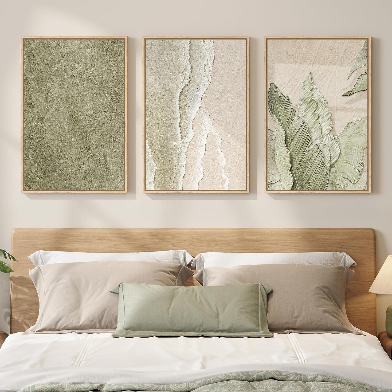 Sage Green Abstract Framed Wall Art 3 Piece Set Modern Living Room Decor