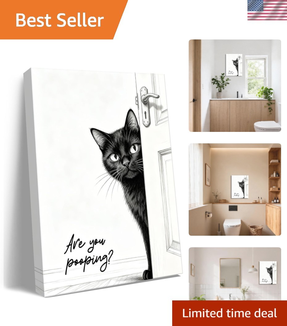 Funny Black Cat Bathroom Wall Art – Rustic ‘Are You Pooping?’ Canvas Print