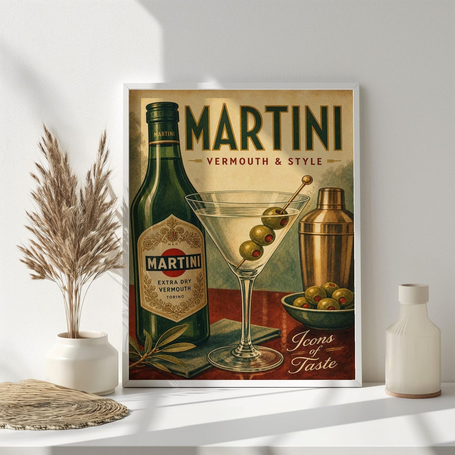 Martini Poster Modern Vintage Typography Dark Green Gold Cocktail Bar Wall Art