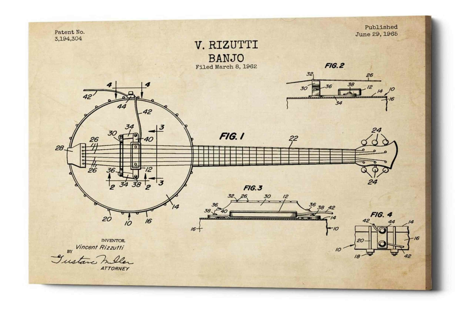 Epic Graffiti «Banjo Blueprint Patent Parchment» Giclee Canvas Wall Art