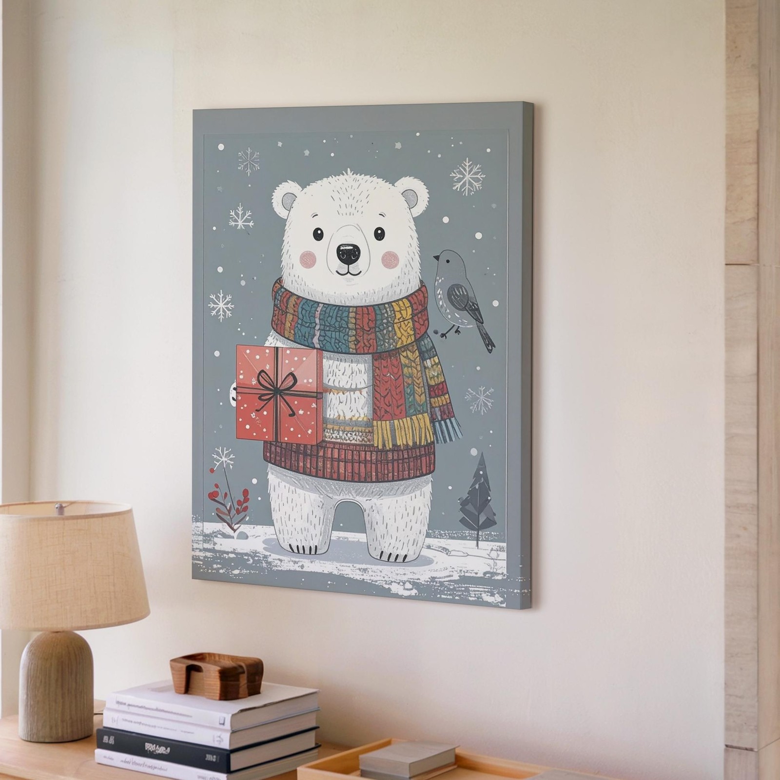 Cozy Polar Bear Gift Canvaswinter Holiday Wall Art
