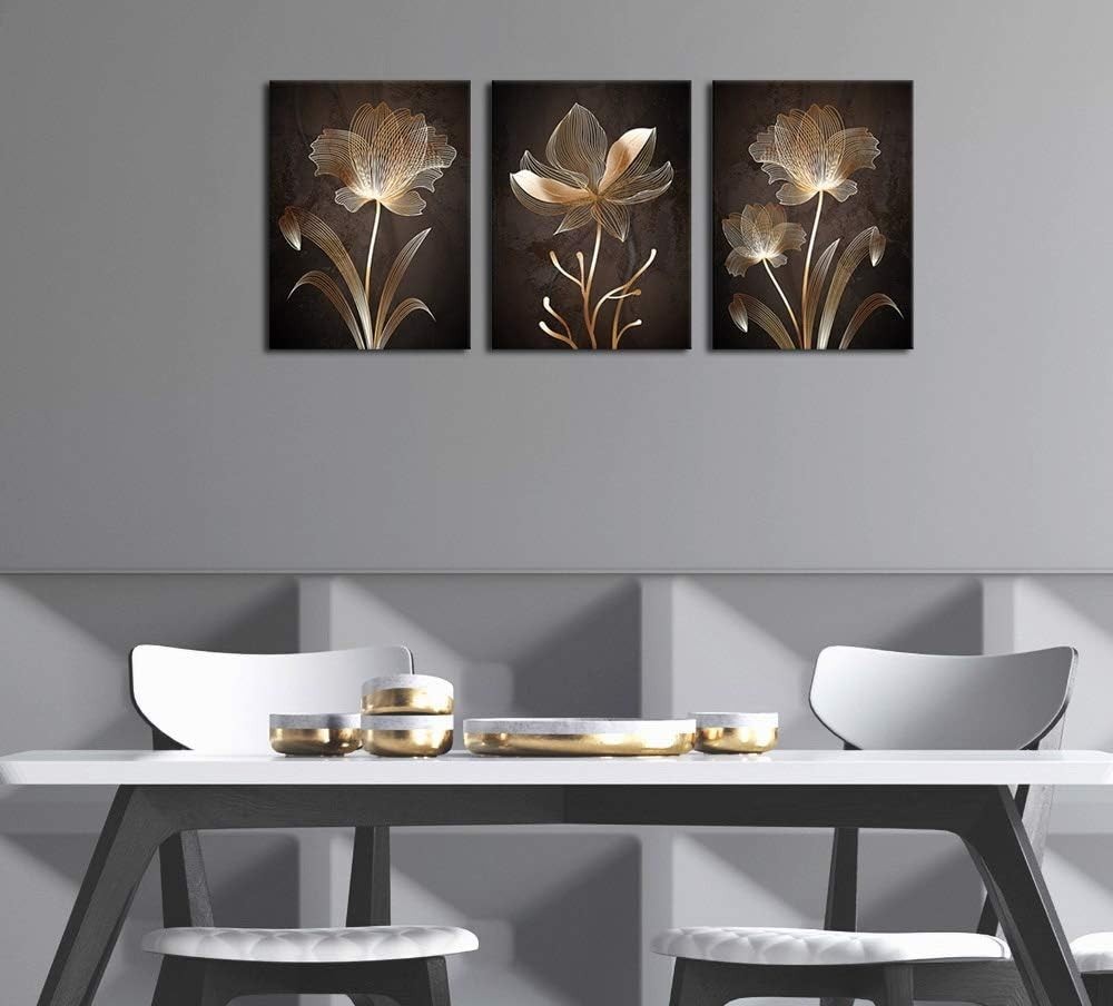 Luxury Minimalist Brown Flower Canvas Art – Elegant 3-Piece Set for Living Rooms