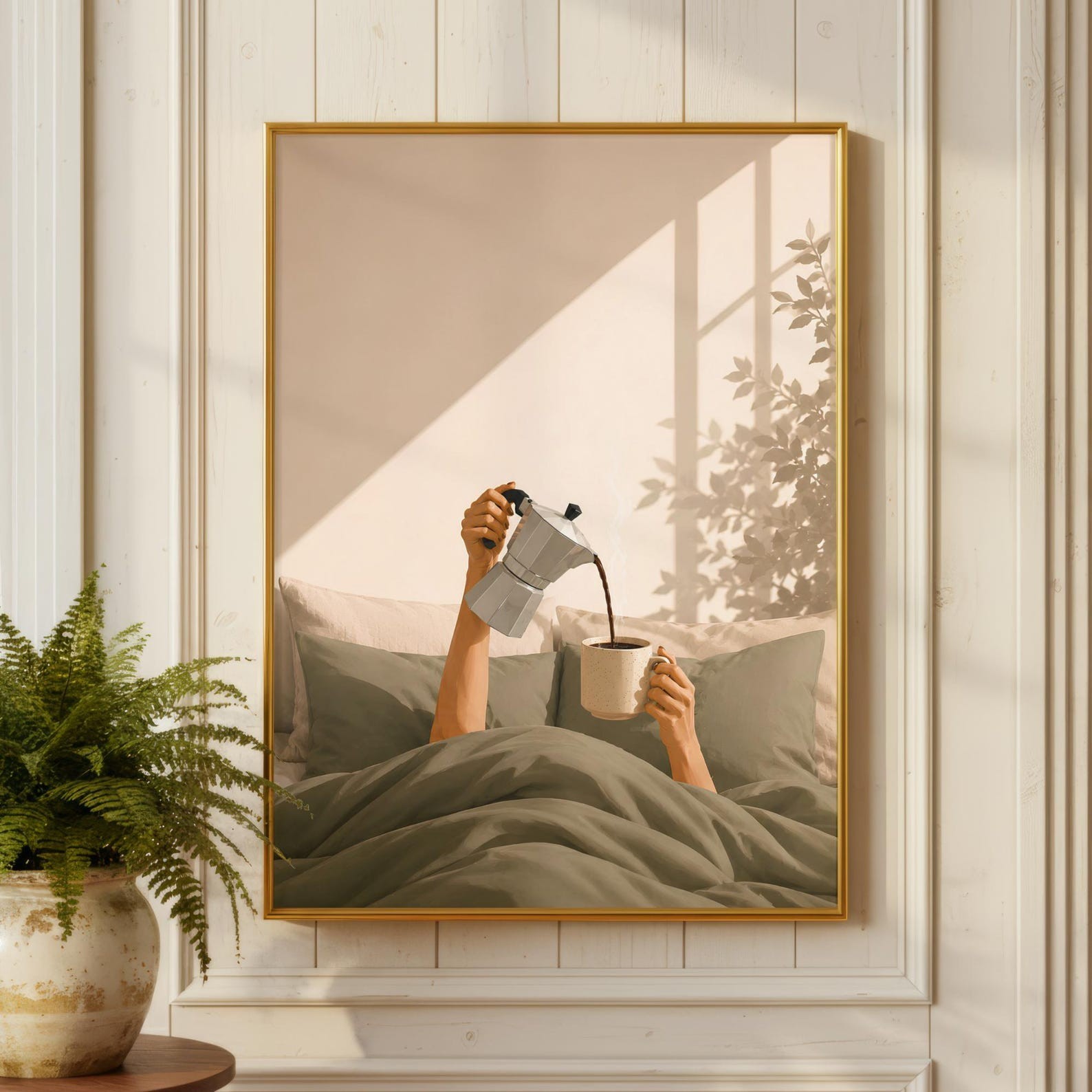 Coffee in Bed Wall Art Print, Cozy Morning Bedroom Poster, Scandinavian Neutral