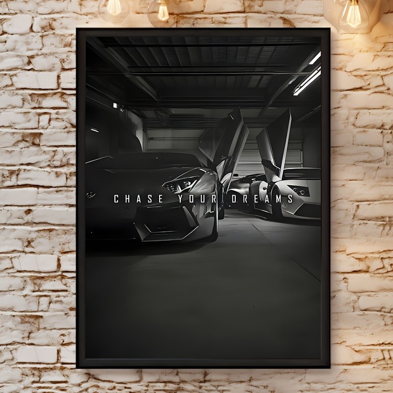 Framed Canvas Chase Your Dreams Black Luxury Sports Car Garage Wall Print