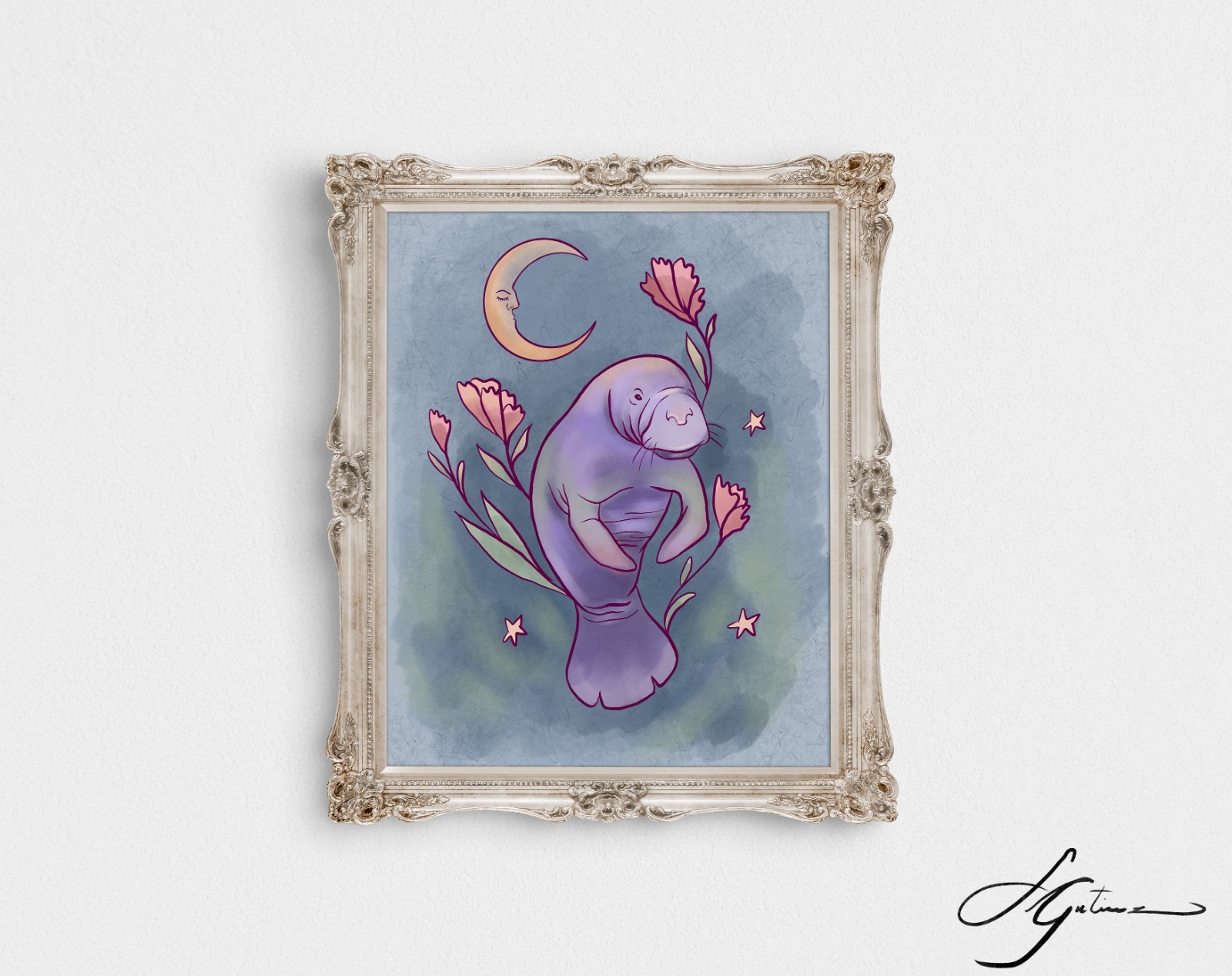 Moon Manatee Wall Art, Celestial Ocean Animal Illustration, Cottagecore Art