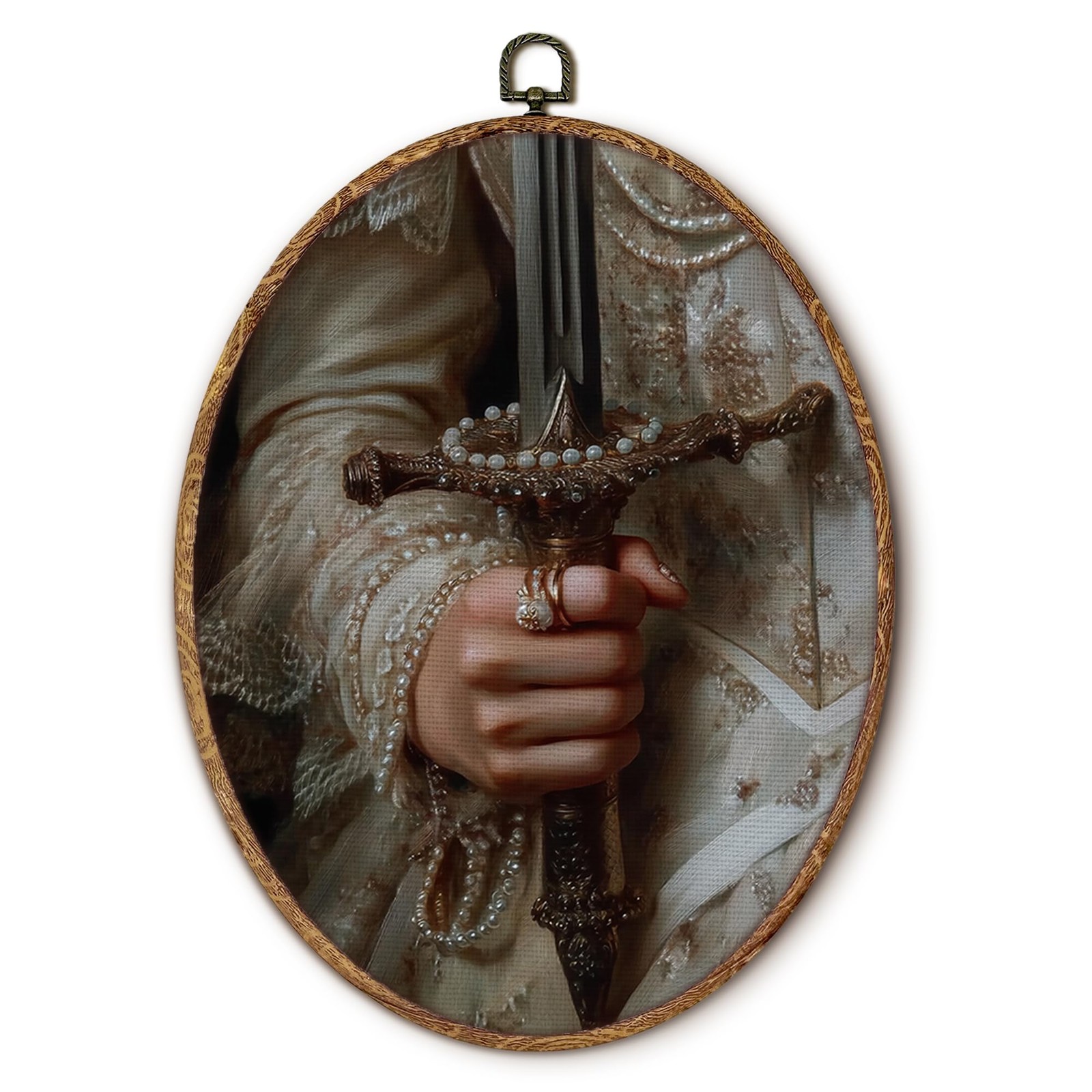 Antique Noblewoman with Sword Oval Wall Art Decor, Dark Moody Baroque Oval Fr…