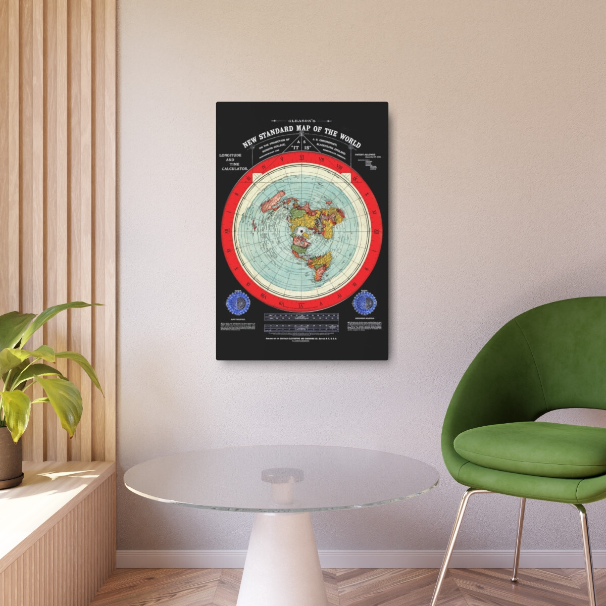 Gleason’s 1892 New Standard Map of the World Flat Earth Black Metal Art Sign