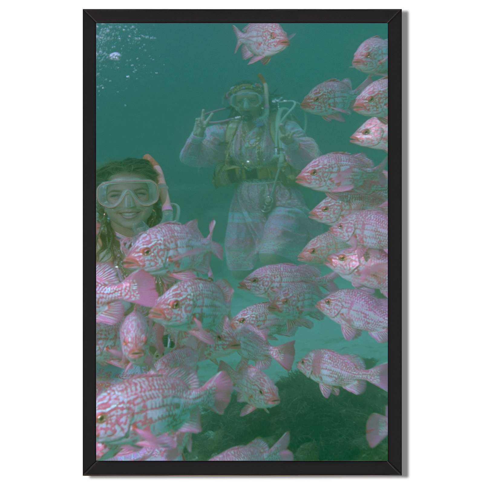 Underwater Scuba Divers with Pink Fish Framed Canvas Print Modern Wall