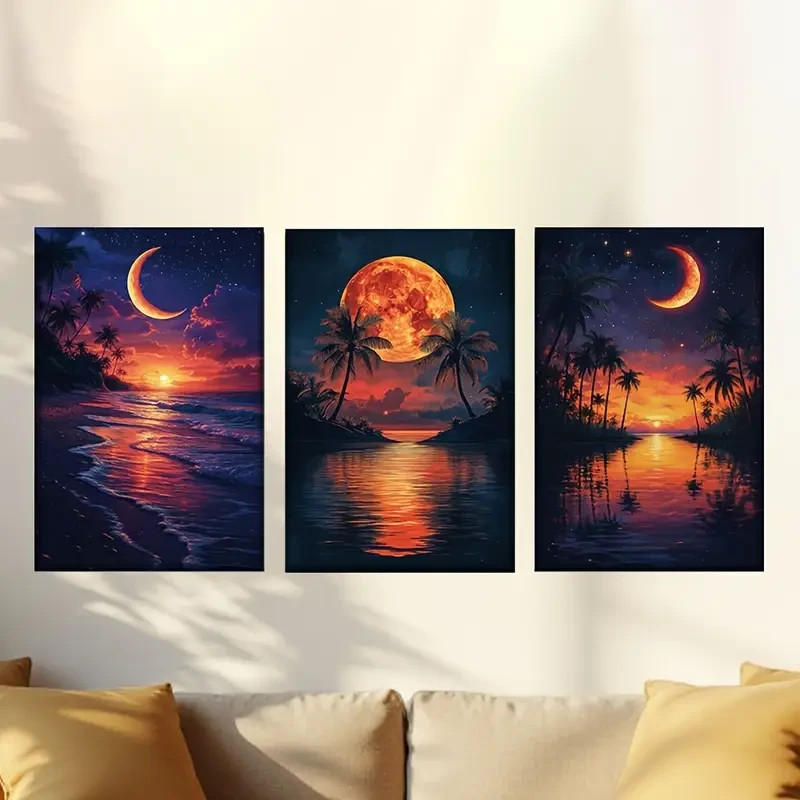 3pcs Islands with palm trees, moon and stars Wall Art Canvas Unframed/Framed