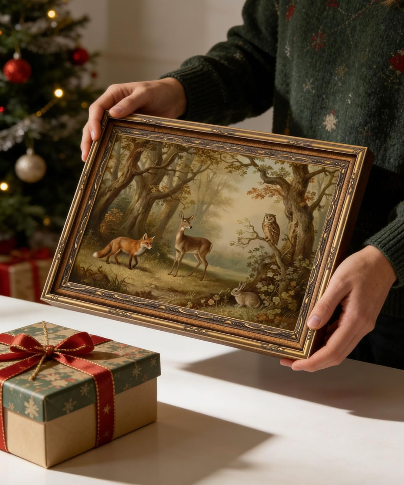 Vintage Forest Animal Wall Art 12x16in Gold Frame Deer Fox Owl Rabbit Nature