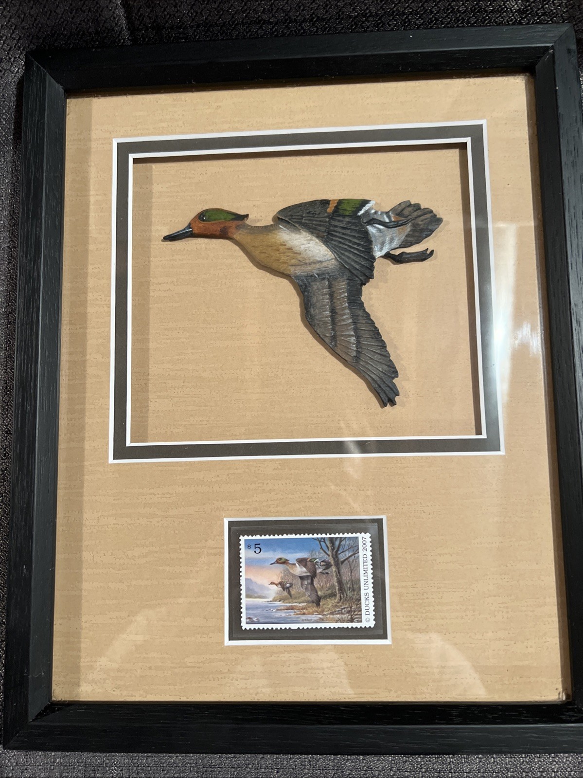 Ducks Unlimited 2007 $5 Stamp Framed Wood Duck Wall Decor 9.25”x 11.25”