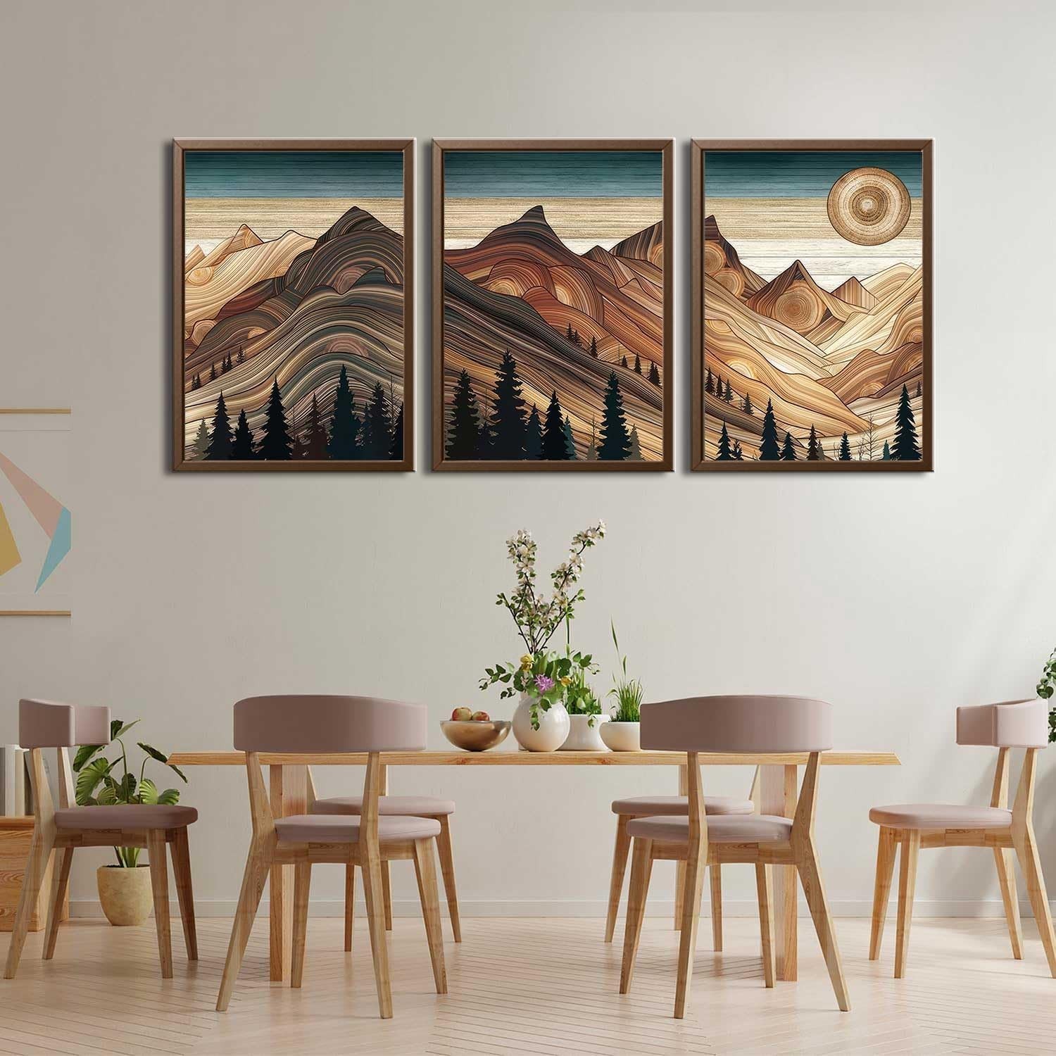 3Pcs Abstract Sun Mountain Wall Art Nature Woodcut Style Landscape Posters Print