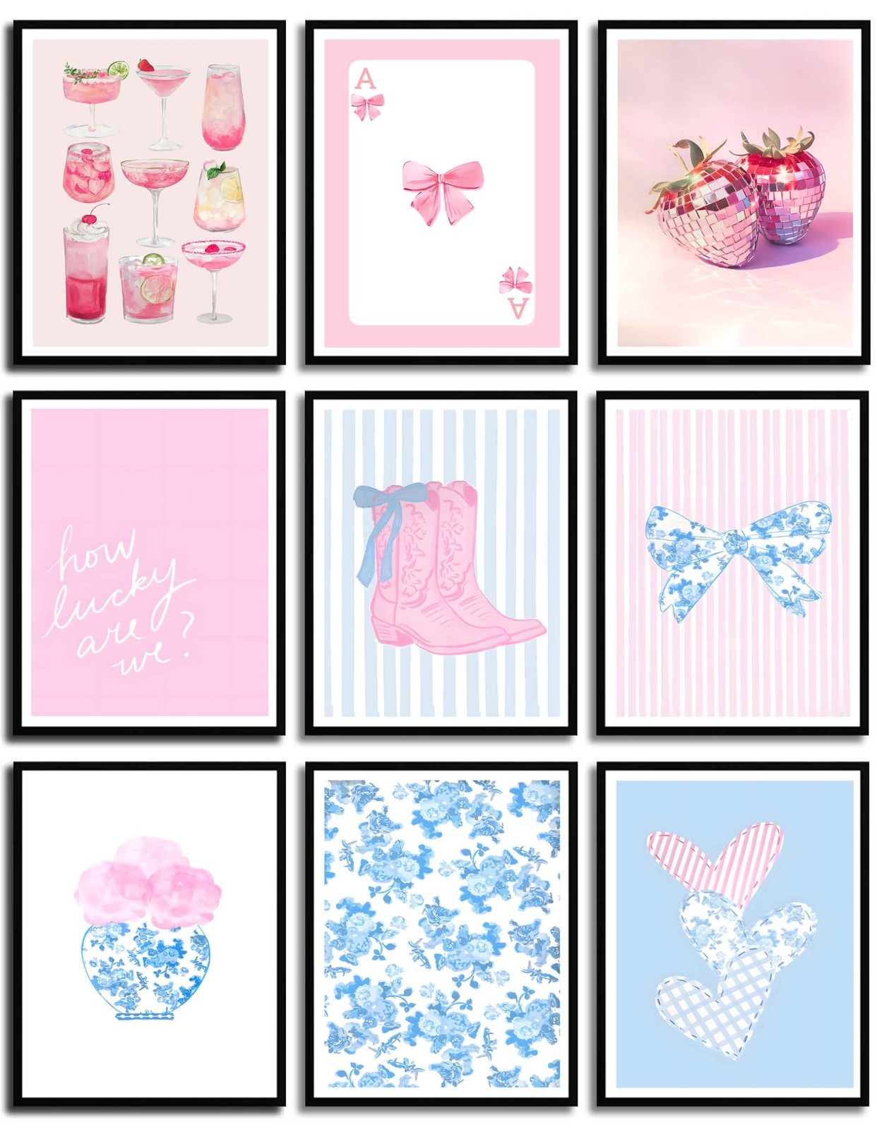 9Pcs Pink Bows Canvas Wall Art Trendy Coquette Bow 8x10inx9pcs, Blue