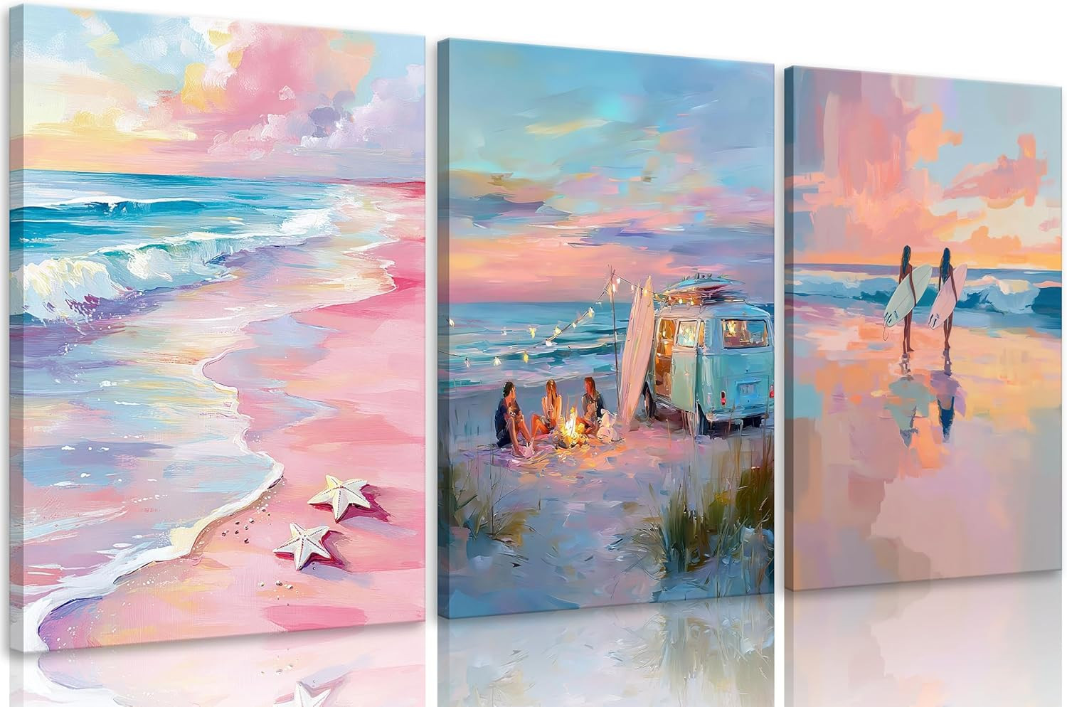 Pink Coastal Canvas Wall Art, 3 Panel Preppy Beach Sunset & Surfing Pictures, Fr