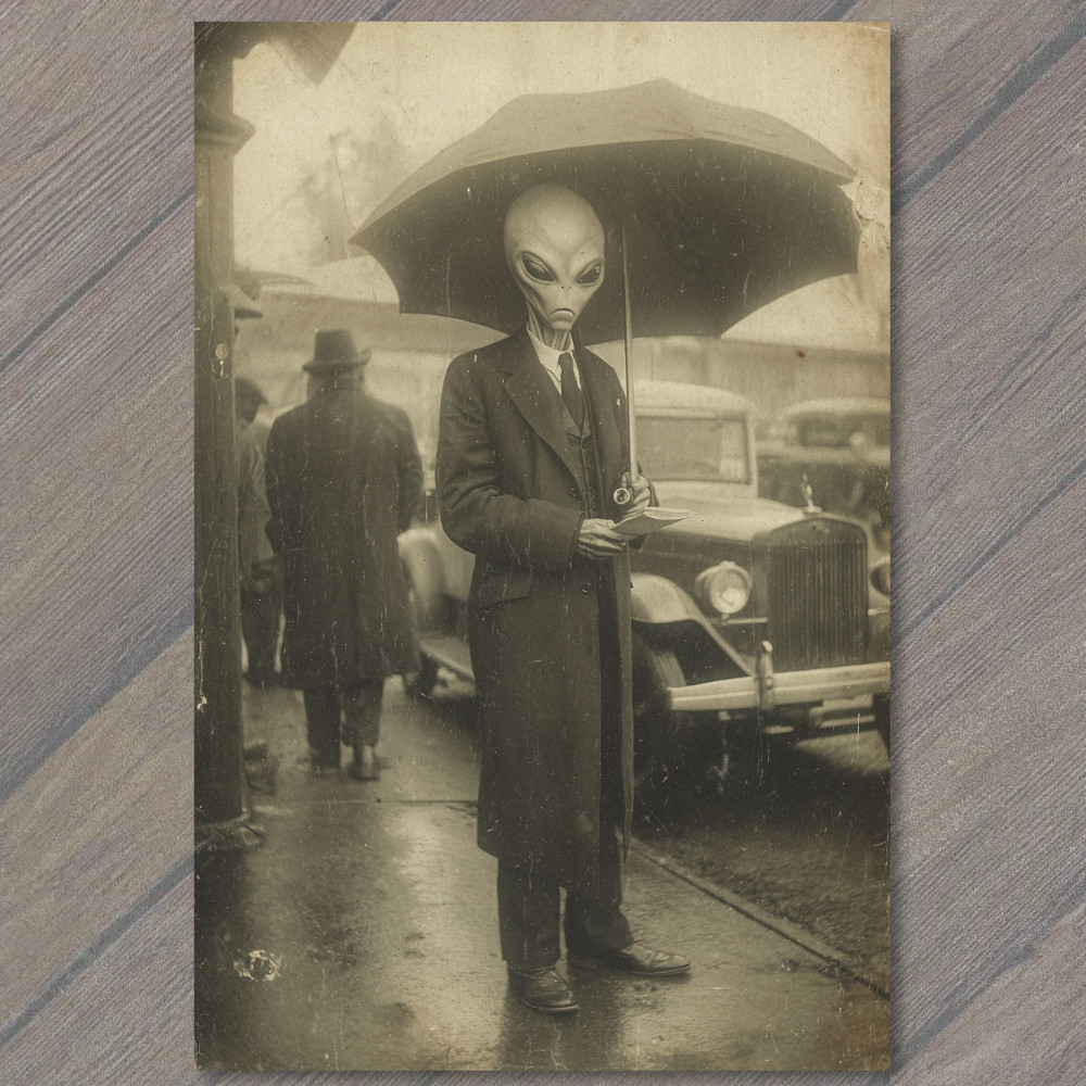 Art Print Alien Umbrella Rainy City Noir Street Night Retro Classic Black B&W